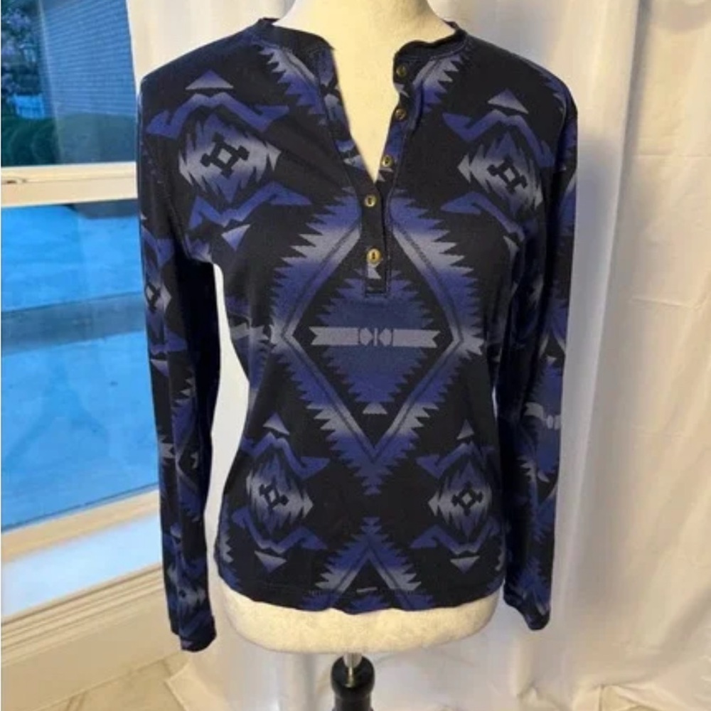 Chaps Navy and Royal Blue Geometric Blouse